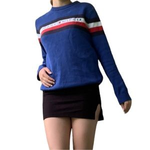 Blue Tommy Hoover sweater knitted with stripes.